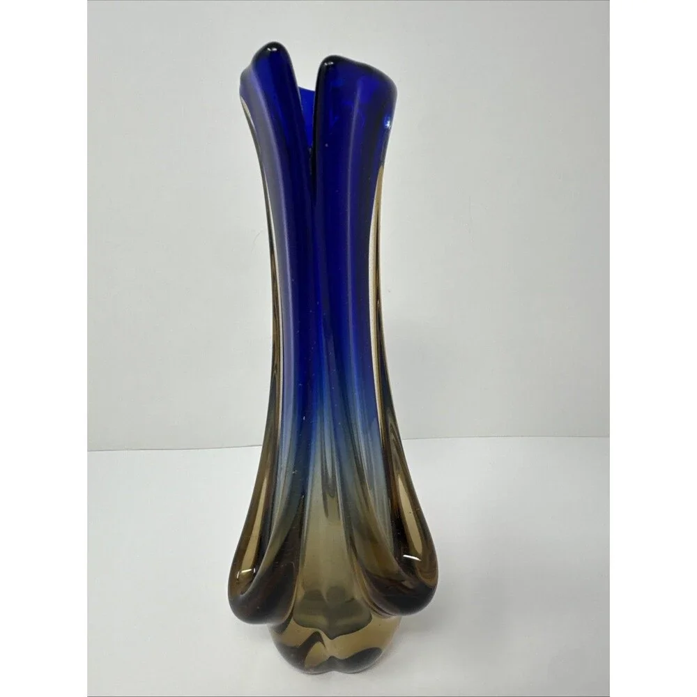 Vintage Murano? Style Sommerso MCM Blue & Amber Submerged Art Glass Vase